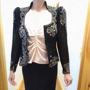 Hand beaded custom made jacket, skirt set 4 pcs